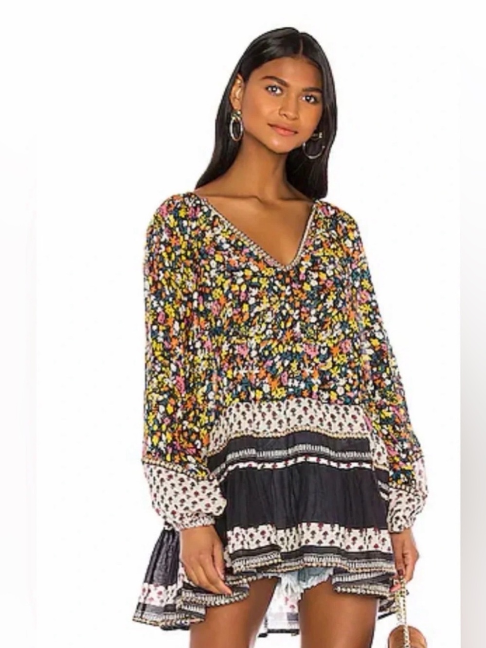Free People Black Multi Floral V-Neck Peasant Tunic
